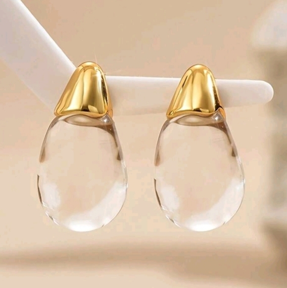 NEW! Elegant & Chic Gold Plated Teardrop Watered Post Earrings - Picture 2 of 5
